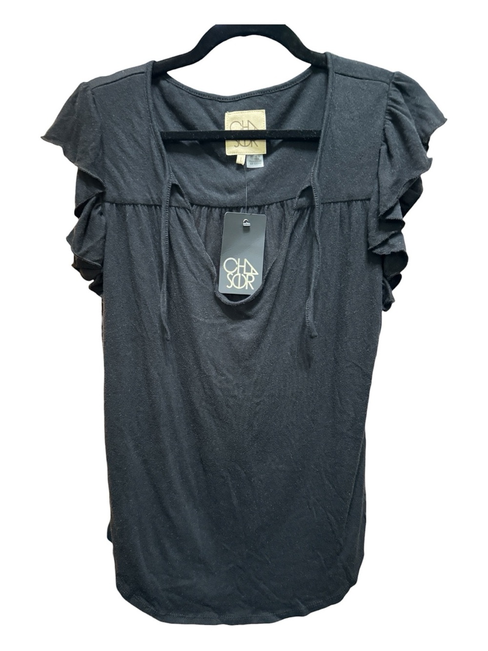 Chaser Black Ruffle Flutter Sleeve Cotton Top Size L NWT